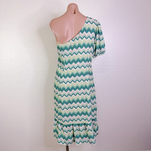 Collective Concepts Chevron One Shoulder Puff Sleeve Dress White Green M NWT - Picture 8 of 12